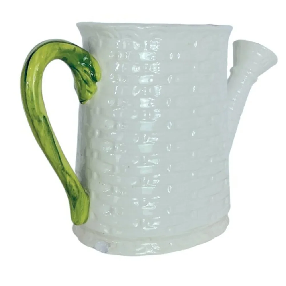 Vintage Basket Weave Ceramic Watering Can Planter Numbered Multi Use White Green